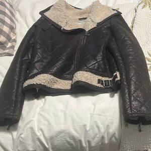 Brown Quilted Leather Jacket with Shearling Trim